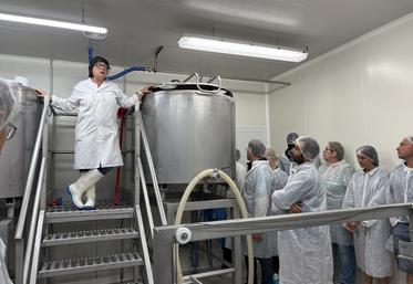 Échanges des producteurs transformateurs de produits laitiers sur les conditions de travail autour du laboratoire du Gaec Genty à Richemont. Le Gaec a installé ses cuves en hauteur pour profiter de la gravité afin de déplacer le lait vers l'étape d'égouttage.