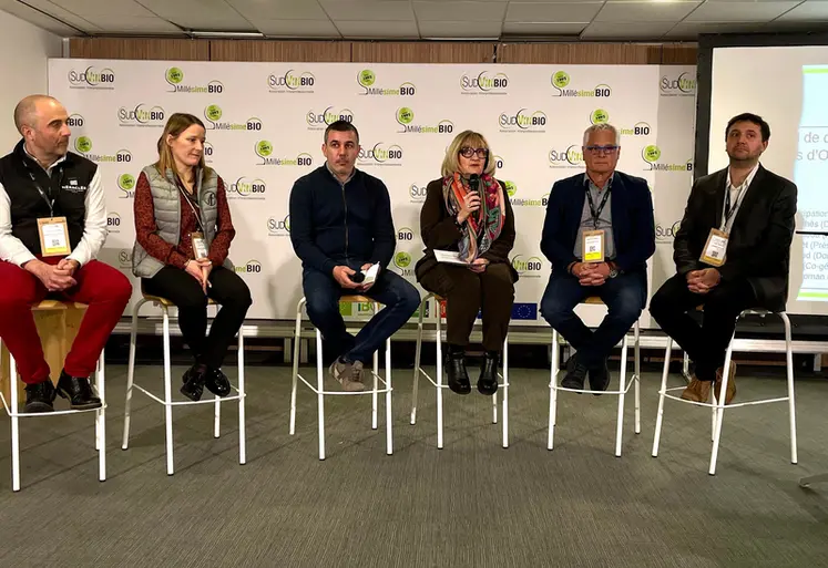 <em class="placeholder">De gauche à droite: Frédéric Saccoman de la coopérative Héraclès, Carole Frelin de la maison de négoce Frelin, Fabien Castelbou des Vignerons coopérateurs ...</em>