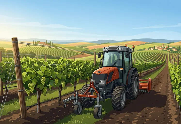 Dessin d'un tracteur vigneron dans des vignes.