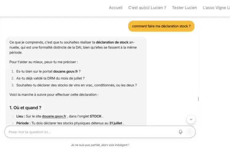 <em class="placeholder">conversation avec l'assistant administratif IA viticole Lucien</em>