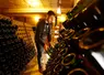 Salarie d une exploitation viticole en Champagne depointant des bouteilles de Champagne stockees sur un pupitre en bois avant le degorgement. Concentration par gravite du ...