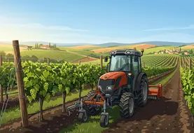 Dessin d'un tracteur vigneron dans des vignes.