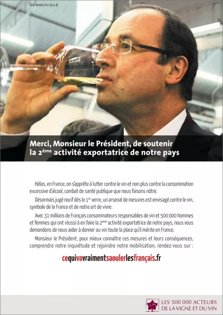 Vin & Société rappelle à François Hollande et à Jean-Marc Ayrault la place du vin dans l'économie et la culture française.