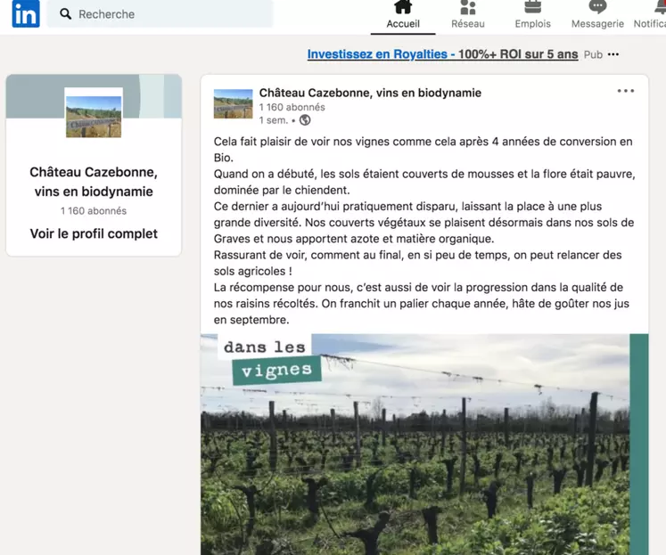  capture d'écran de la page Linkedin du Château Cazebonne