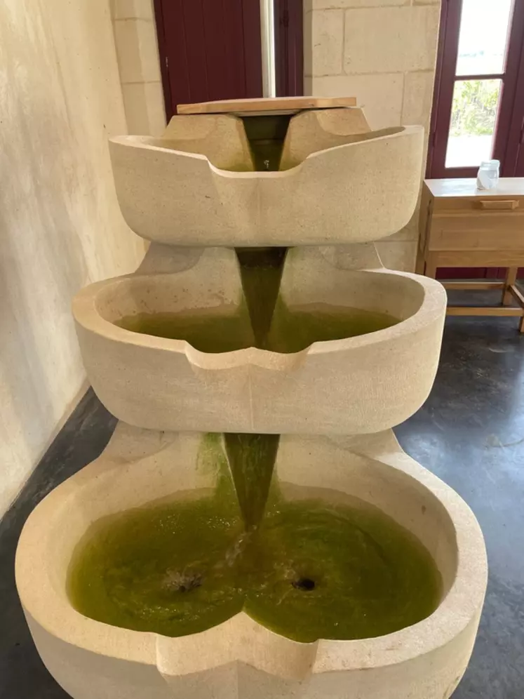 Une triple vasque vive en pierre crée un vortex qui oxygène l'eau du puits dédiée aux traitements.