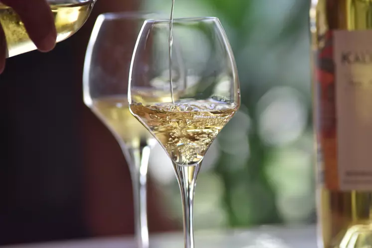 verre de vin blanc AOP du Bergeracois. vins de Bergerac. bouteille de château Kalian et verres. dégustation de monbazillac. appellation d'origine protégée.