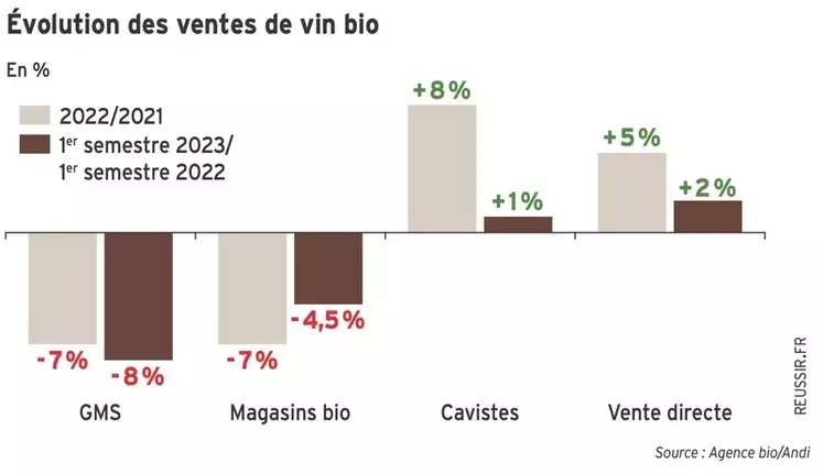 Les ventes de vins bio connaissent le plus fort recul en grande distribution et magasins spécialisés bio. 
