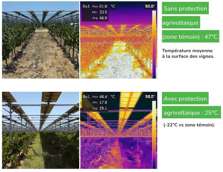 Mesure comparée avec une caméra thermique réalisée le 20 juillet 2023 par une température de l'air de 30°C.