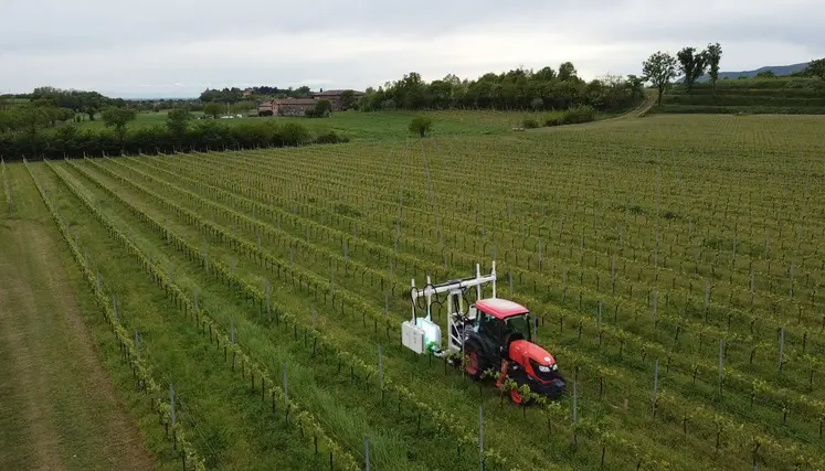 Tracteur Kubota dans les vignes équipé du système de stimulation des défenses de la culture par exposition aux UV-C UV Boosting