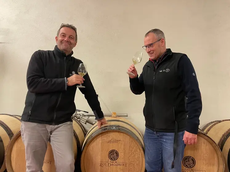 <em class="placeholder">Alexis Wisser Œnologue-Responsable de Cave sur Traenheim (à gauche) et Lilian Andriuzzi, directeur vigne et vin d’Alliance Alsace, confectionnent la liqueur d&#039;expédition ...</em>