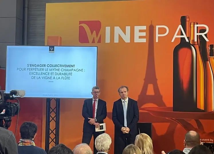 <em class="placeholder">David Chatillon et Maxime Toubart lors de la conférence de presse du Comité Champagne à Wine Paris.</em>