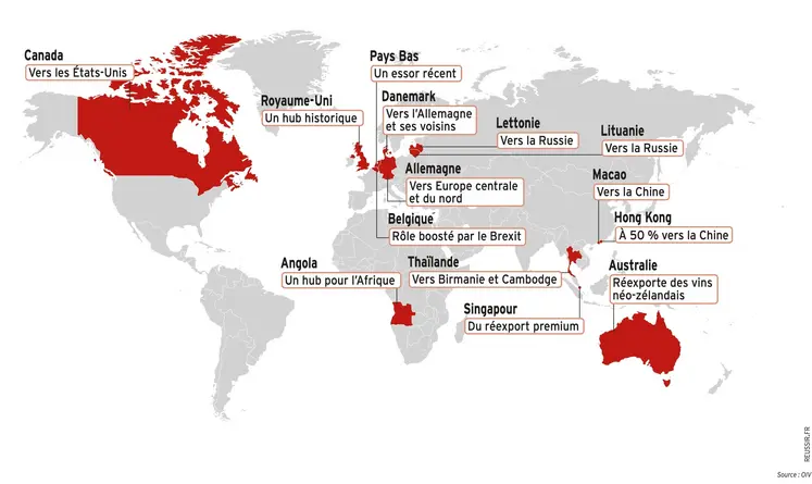 Carte du monde figurant les principaux hubs de réexportation de vin.