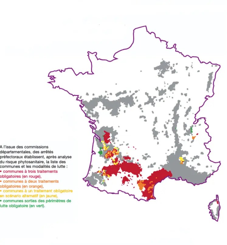 Carte des communes françaises contaminées par la flavescence dorée en 2004