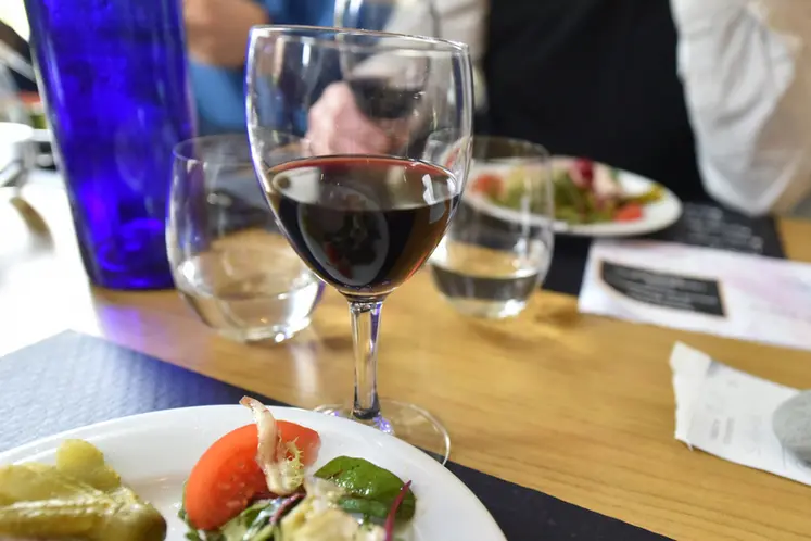 <em class="placeholder">assiette et verre de vin rouge. repas dans un restaurant. consommation. alimentation. restauration hors foyer. RHF. table</em>