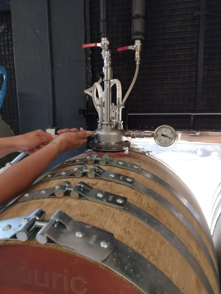 <em class="placeholder">injection de CO2 dans les barriques Infinity, Le Clos du Paradis à Espaly-Saint-Marcel en Haute-Loire</em>