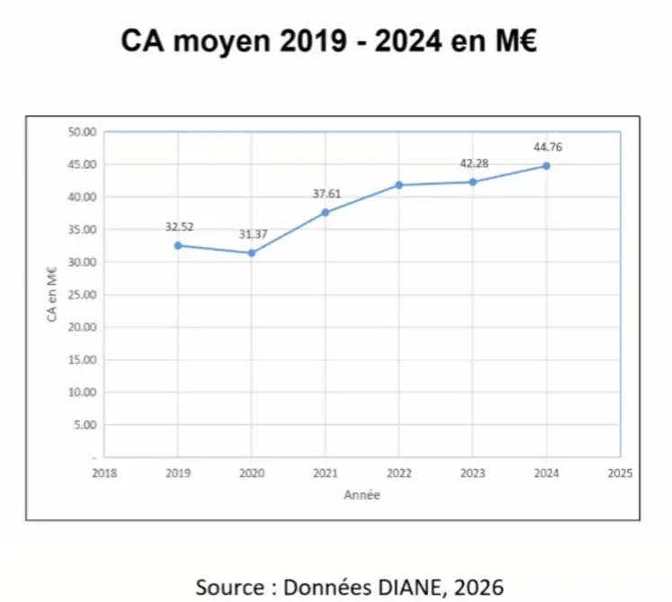 <em class="placeholder">évolution du chiffre d'affaires moyen du négoce viticole français entre 2019 et 2024</em>