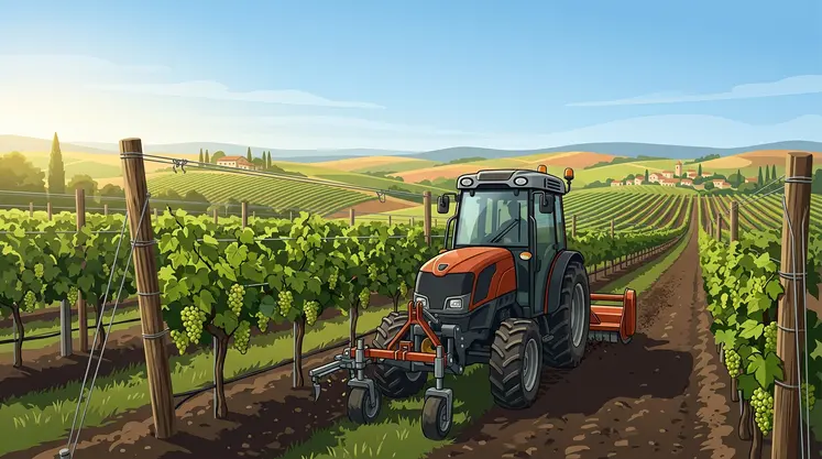 Dessin d'un tracteur vigneron dans des vignes.