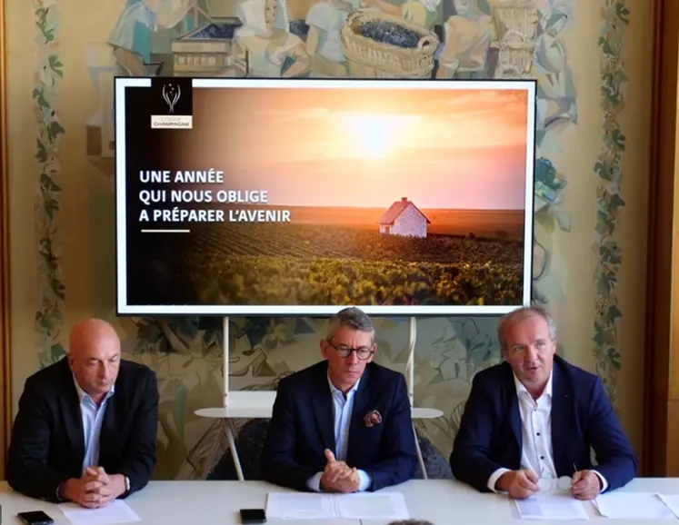 <em class="placeholder">de gauche à droite : Sébastien Debuisson, David Chatillon, Maxime Toubard lors de la conférence de presse sur le millésime du 9 septembre 2026 </em>