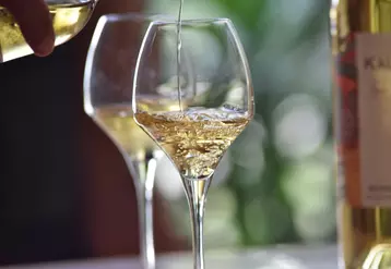 verre de vin blanc AOP du Bergeracois. vins de Bergerac. bouteille de château Kalian et verres. dégustation de monbazillac. appellation d'origine protégée.