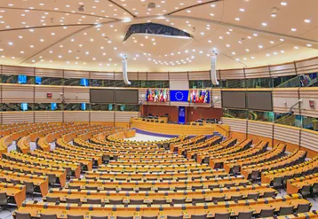 Brussels, Belgium - January 20, 2023: Interior of the plenary room of the European parliament in Brussels, Belgium