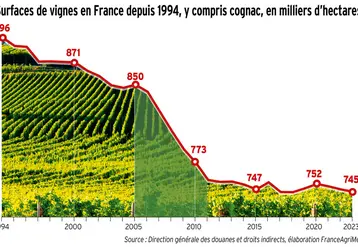 <em class="placeholder">Graphique : Surfaces de vignes en France depuis 1994, y compris cognac en milliers d&#039;hectares</em>