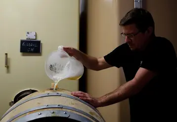 <em class="placeholder">Salarie d une exploitation viticole de Champagne mettant a niveau le remplissage de futs de chene avec le jus de la cuvee durant les vendanges 2020 en Champagne.</em>