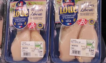 Des découpes à marque Loué encore à plus de 30 €/kg fin avril dans un Super U de Bretagne !