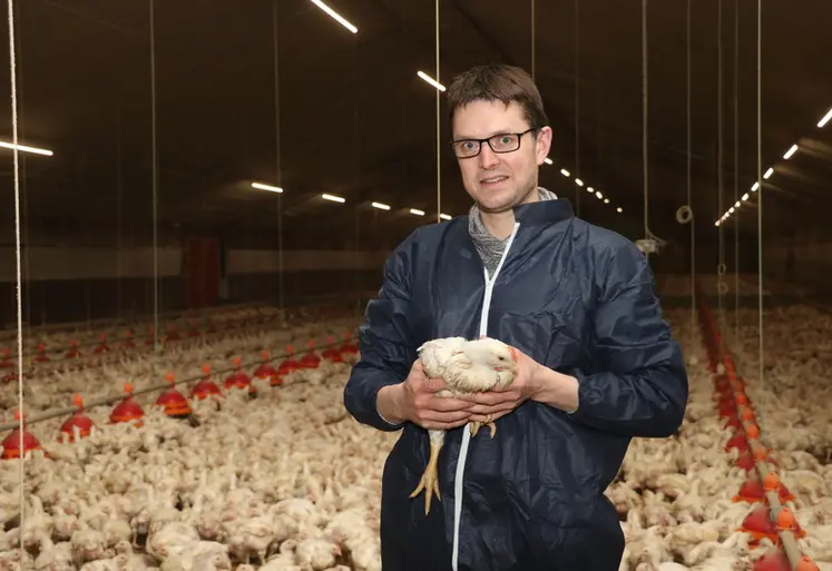 <em class="placeholder">Aymeric Pothier, éleveur de poulet lourd dans le Morbihan : « L&#039;élevage de poulets lourds 100% mâles est plus facile à gérer. » </em>