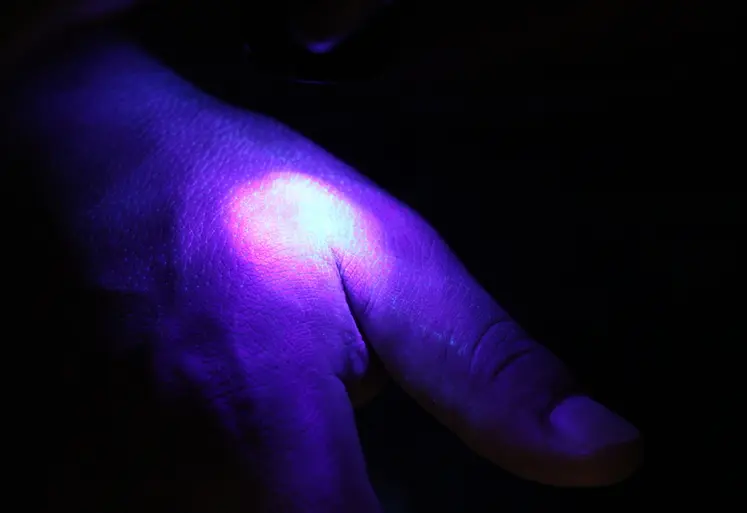 <em class="placeholder">5. Les traces fluorescentes indiquent que de la poudre ou de la crème fluorescente persistent sur les mains (souvent au niveau des ongles, des plis de la main…) ou la ...</em>