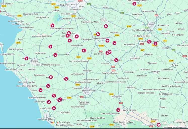 Localisation des foyers de grippe aviaire en élevage autour de la Vendée, mise à jour au 21/11/2025