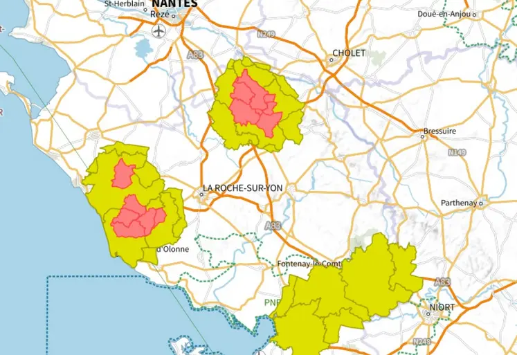 Zones de protection et de surveillance IAHP en cours en Vendée et départements limitrophes au 13 novembre 2025
