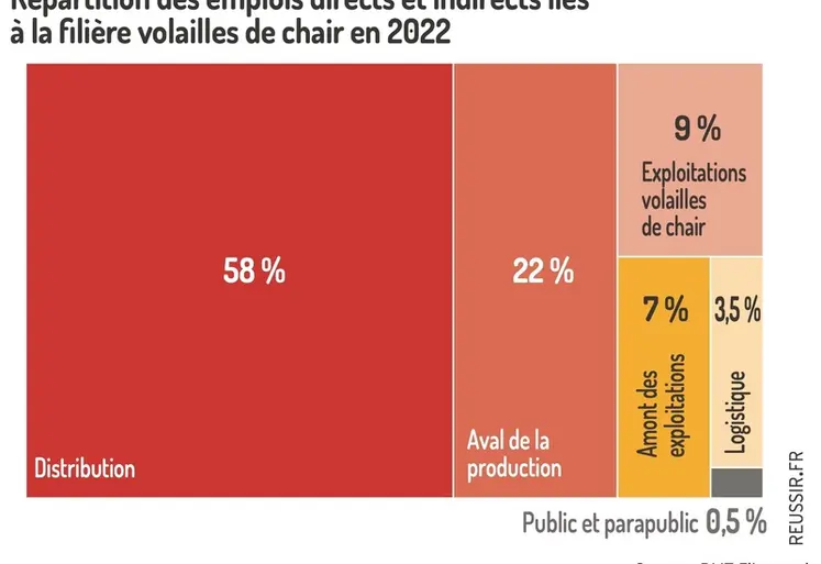 <em class="placeholder">Graphique = Répartition des emplois directs et indirects liés à la filière volailles de chair en 2022</em>