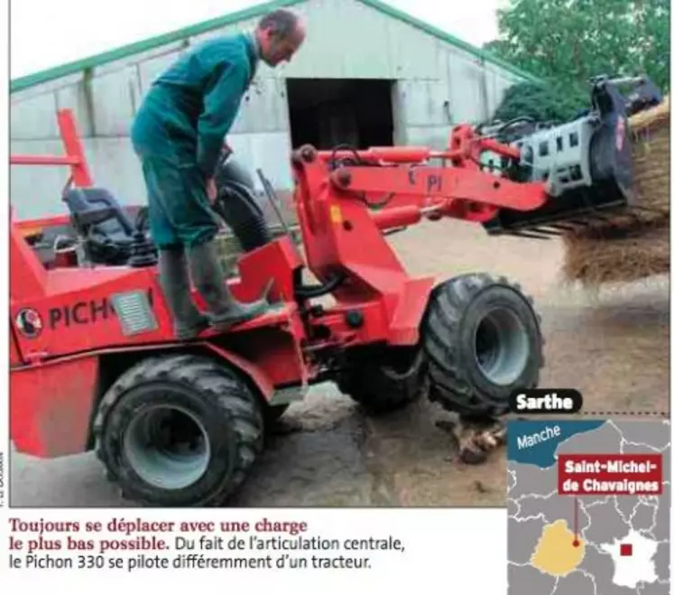 Toujours se déplacer avec une charge le plus bas possible. Du fait de l’articulation centrale, le Pichon 330 se pilote différemment d’un tracteur.