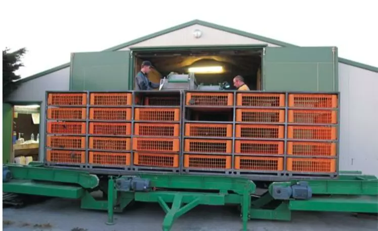 Le système mis au point par Jacky Ligner s’est inspiré des machines à dinde pour les tapis et de celles 
à poulet pour le remplissage des containers.