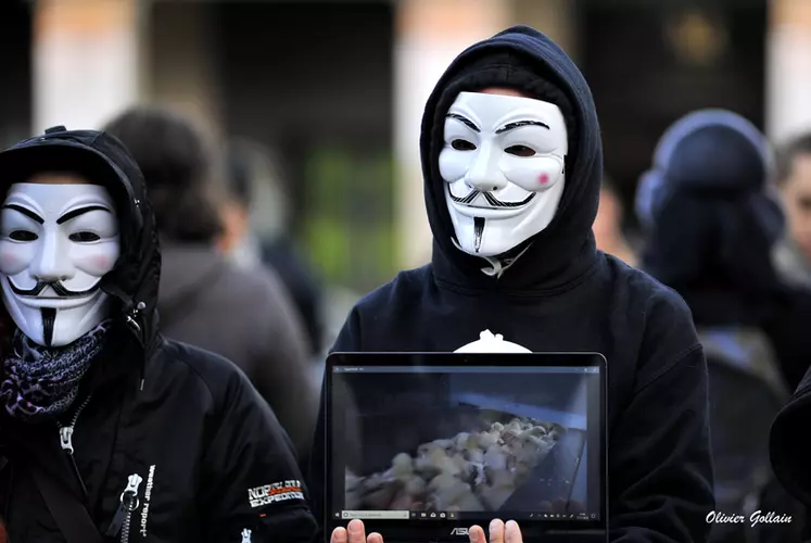 Happening d'Anonymous for the Coiceless. D'origine australienne, ce mouvement spécialisé dans l'activisme de rue milite pour l'abolitionnisme et le véganisme © Ollivier ...