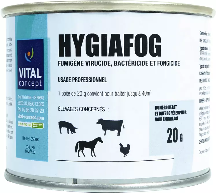 Le fumigène Hygiafog existe en deux conditionnements de 20 g et de 1000 g.  © Vital Concept