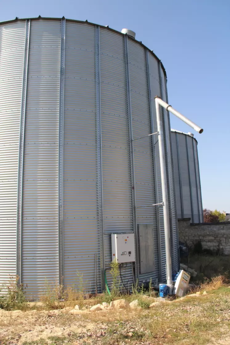 Les cellules de stockage du blé de 700 tonnes et 250 tonnes sont équipées d’un plancher ventilé et d’une vis de reprise (80 000 euros d’investissement tout compris). © A. Puybasset
