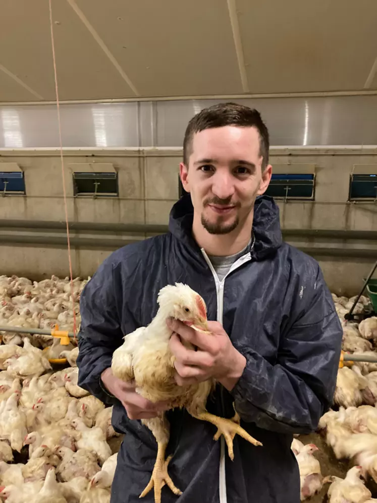 Avec une densité initiale à 22 poulets réduite à 16 à partir de 36 jours et de bonnes conditions d'élevage, le salarié Alexis Bossus parvient à 55 kg de poids vif sorti par mètre carré