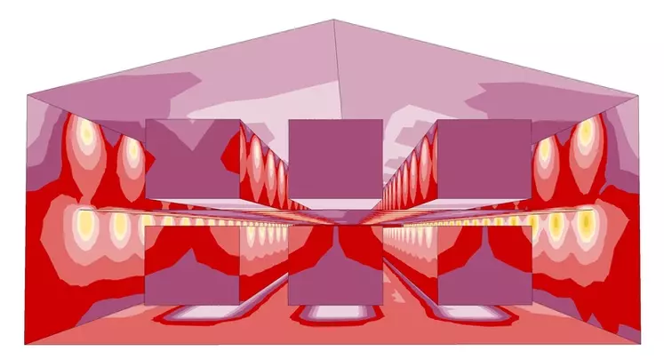 Visualisation en 3 D de l’intensité de l’éclairage d’ambiance d’un bâtiment avec volière sur deux étages note : Non compris l’éclairage à l’intérieur des volières