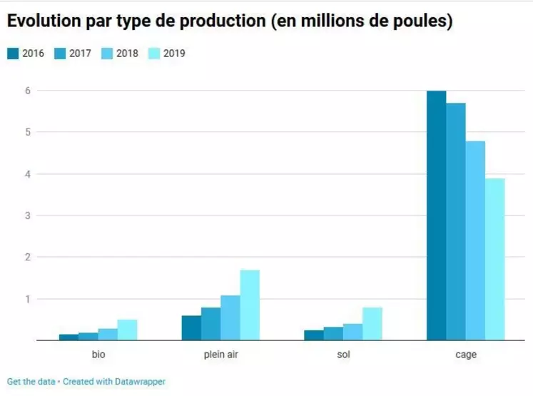 Evolution au sein du groupement Armor Oeufs du nombre de poules par type de production. (source : Groupe Avril)