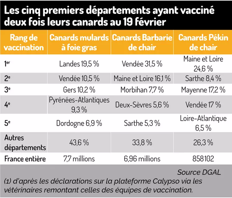 Tableau : Les cinq premiers départements ayant vacciné deux fois leurs canards au 19 février(1) d’après les déclarations sur la plateforme Calypso via les ...
