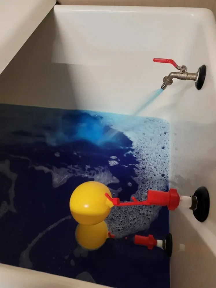 <em class="placeholder">Teinter la solution vaccinale en bleu permet de vérifier l’intensité de la buvée sur les poulettes</em>