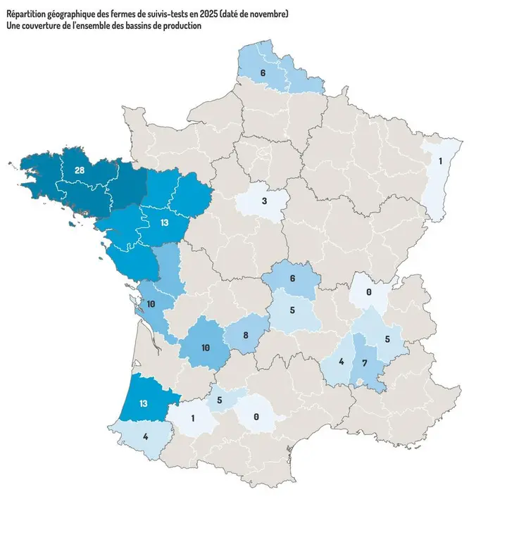 <em class="placeholder">Graphique = Répartition géographique des fermes de suivis-tests en 2025 (daté de novembre)Une couverture de l’ensemble des bassins de production</em>