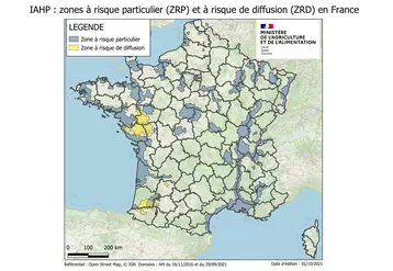 Par rapport au risque influenza, la France comporte trois zones : communes à risque d'introduction privilégiée (ZRP) et à risque de diffusion (ZRP) où s'appliquent des mesures spécifiques et le reliquat qui suit la réglementation générale.