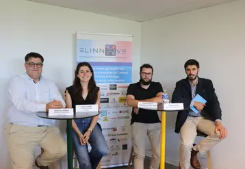 <em class="placeholder">Anthony Gobin (directeur commercial de LeRoy LLC), Venice Graf (responsable RSE de Sanders), Mickaël Goyet (responsable RSE du groupe Grimaud) et Clément Moy (éleveur de ...</em>